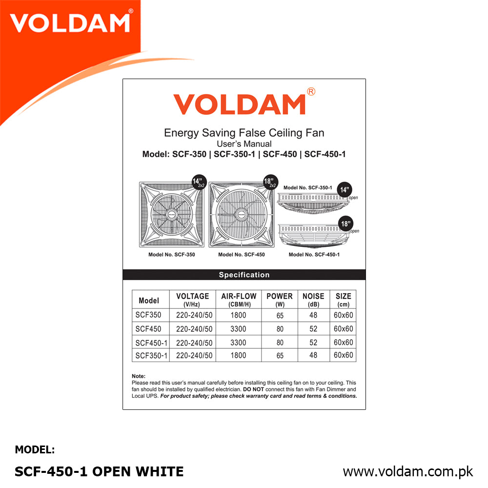 Voldam Innovative European Design Ceiling Fan 18" Open (Inverter 30 watts)